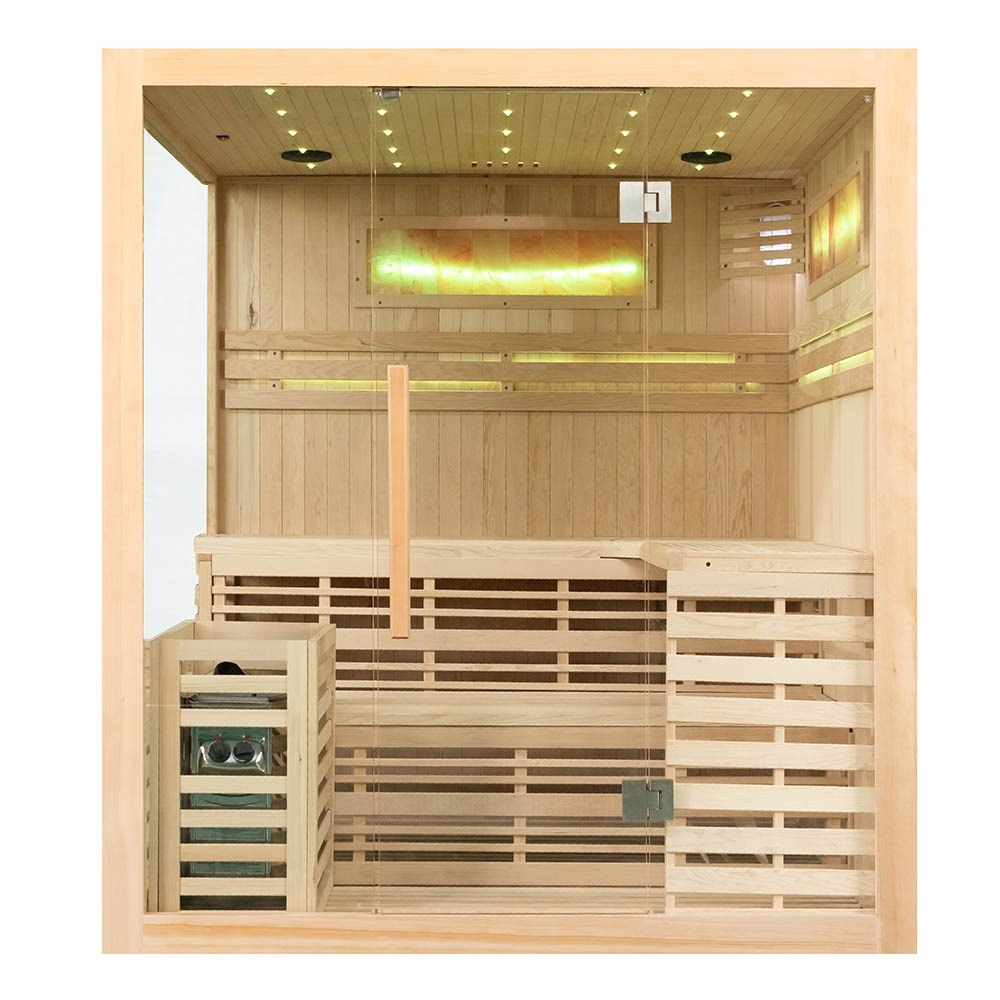 M-SPA - EA4-2 - Suchá finská izolovaná sauna s kamny se solnou stěnou s LED podsvícením 180 x 160 x 200 cm