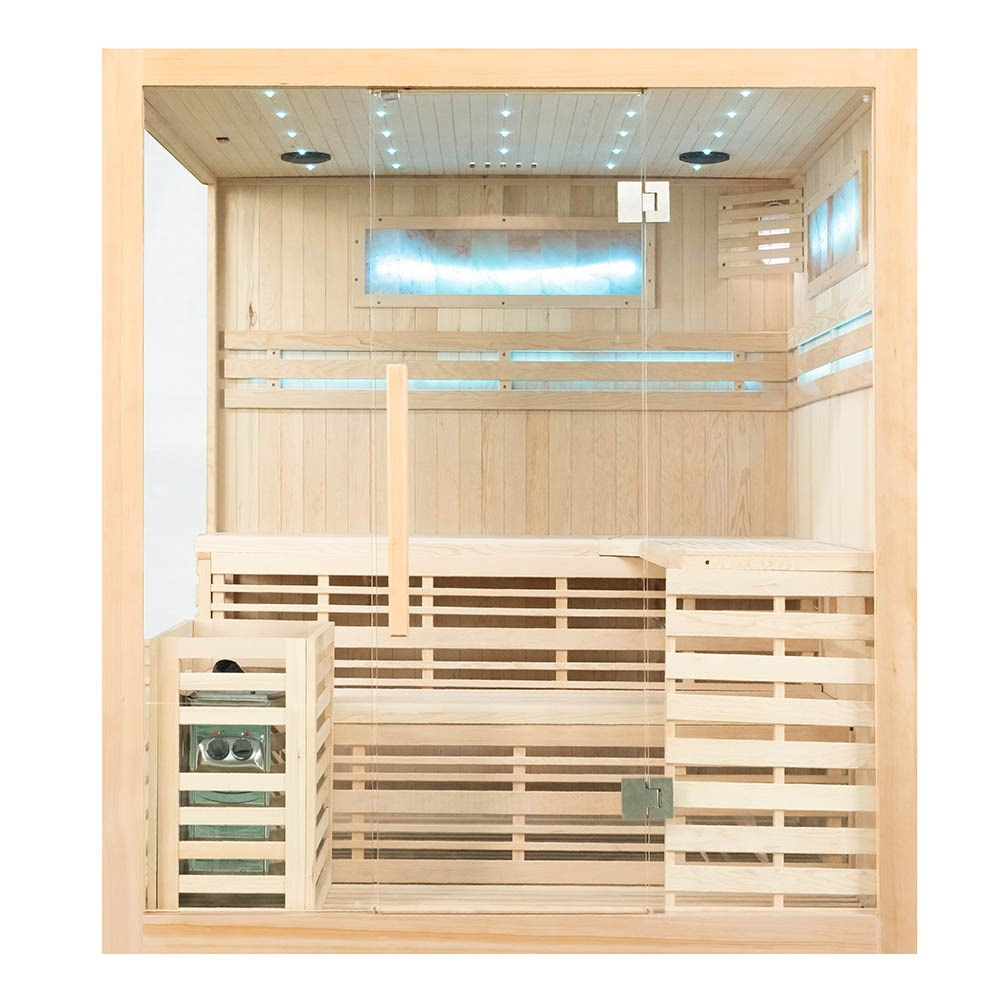 M-SPA - EA4-2 - Suchá finská izolovaná sauna s kamny se solnou stěnou s LED podsvícením 180 x 160 x 200 cm