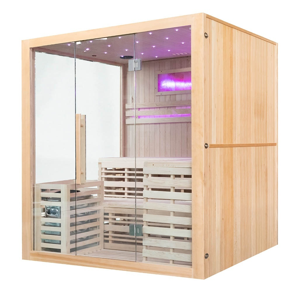 M-SPA - EA4-2 - Suchá finská izolovaná sauna s kamny se solnou stěnou s LED podsvícením 180 x 160 x 200 cm
