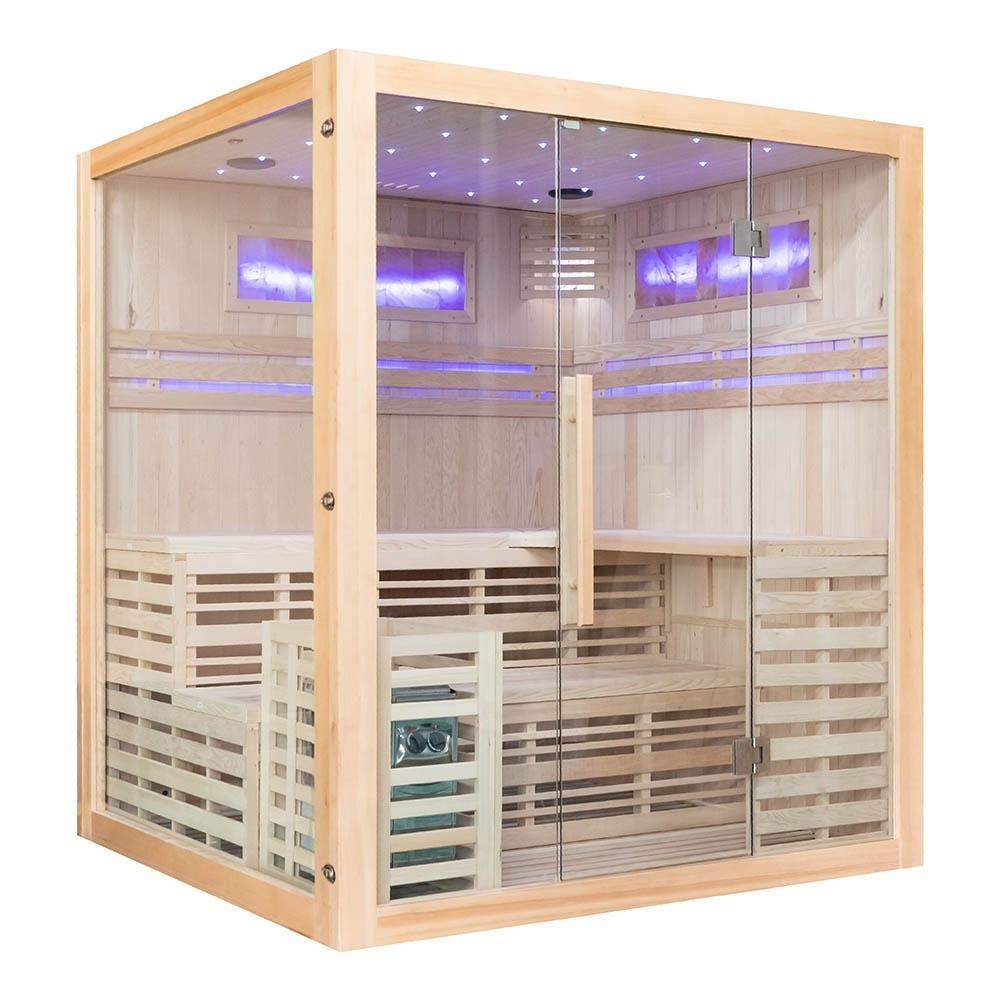 M-SPA - EA4-2 - Suchá finská izolovaná sauna s kamny se solnou stěnou s LED podsvícením 180 x 160 x 200 cm