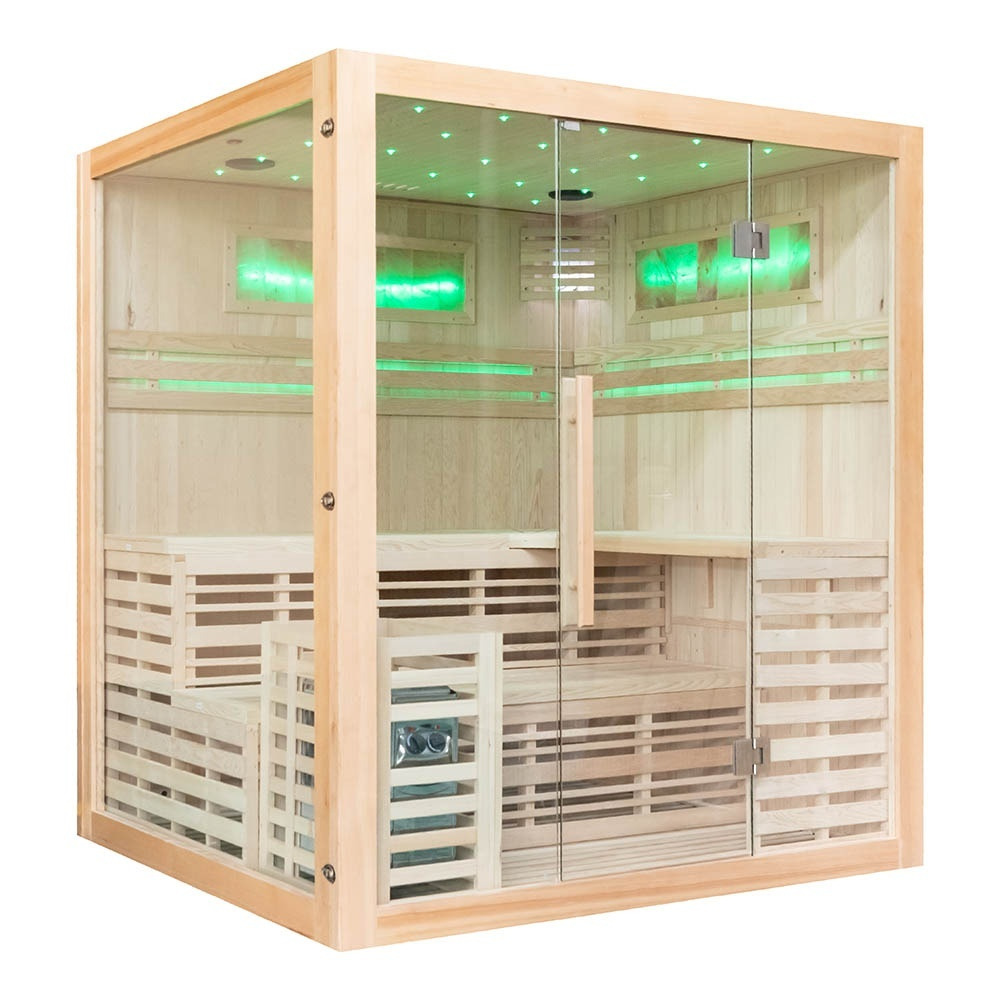 M-SPA - EA4-2 - Suchá finská izolovaná sauna s kamny se solnou stěnou s LED podsvícením 180 x 160 x 200 cm
